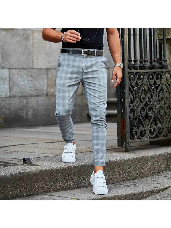 Men's loose thin casual trousers in khaki grid pattern, chemical fibre blend, mid-waist button placket