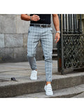 Men's loose thin casual trousers in khaki grid pattern, chemical fibre blend, mid-waist button placket