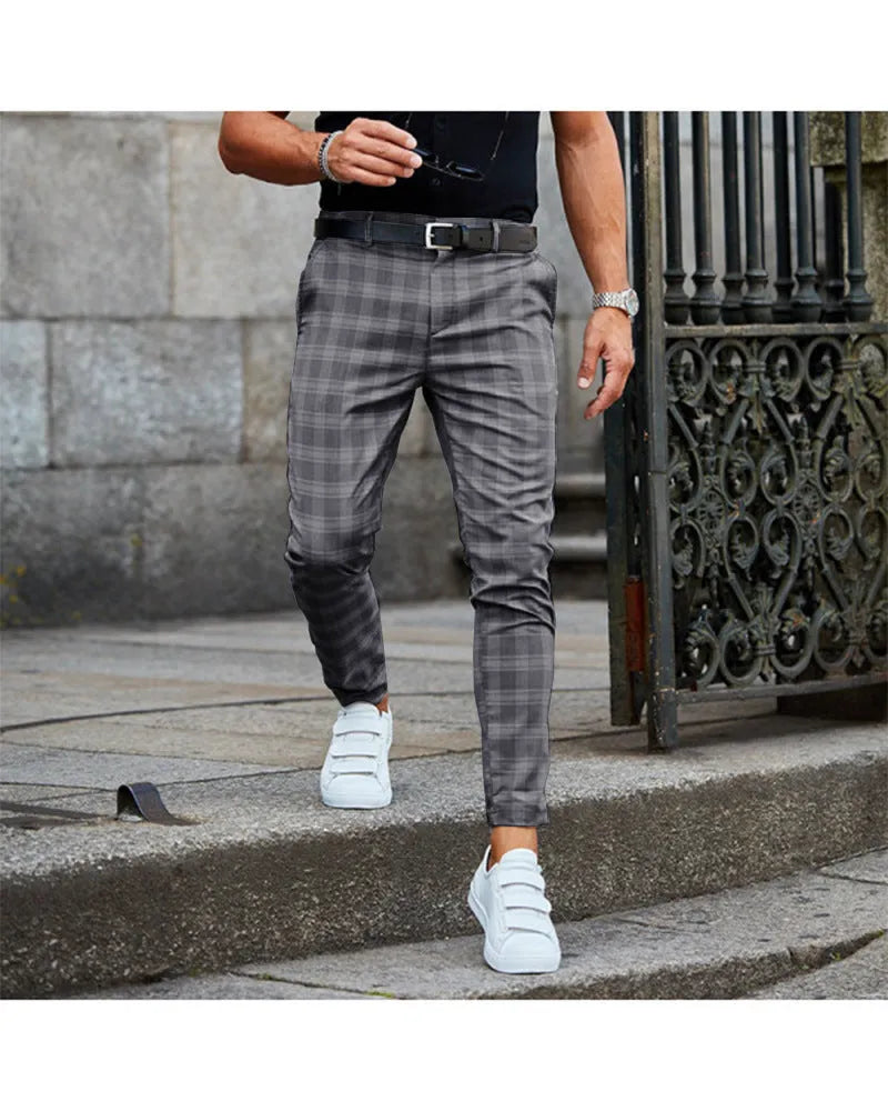 Men's loose thin casual trousers in khaki grid pattern, chemical fibre blend, mid-waist button placket