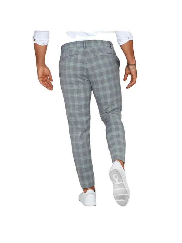 Men's loose thin casual trousers in khaki grid pattern, chemical fibre blend, mid-waist button placket