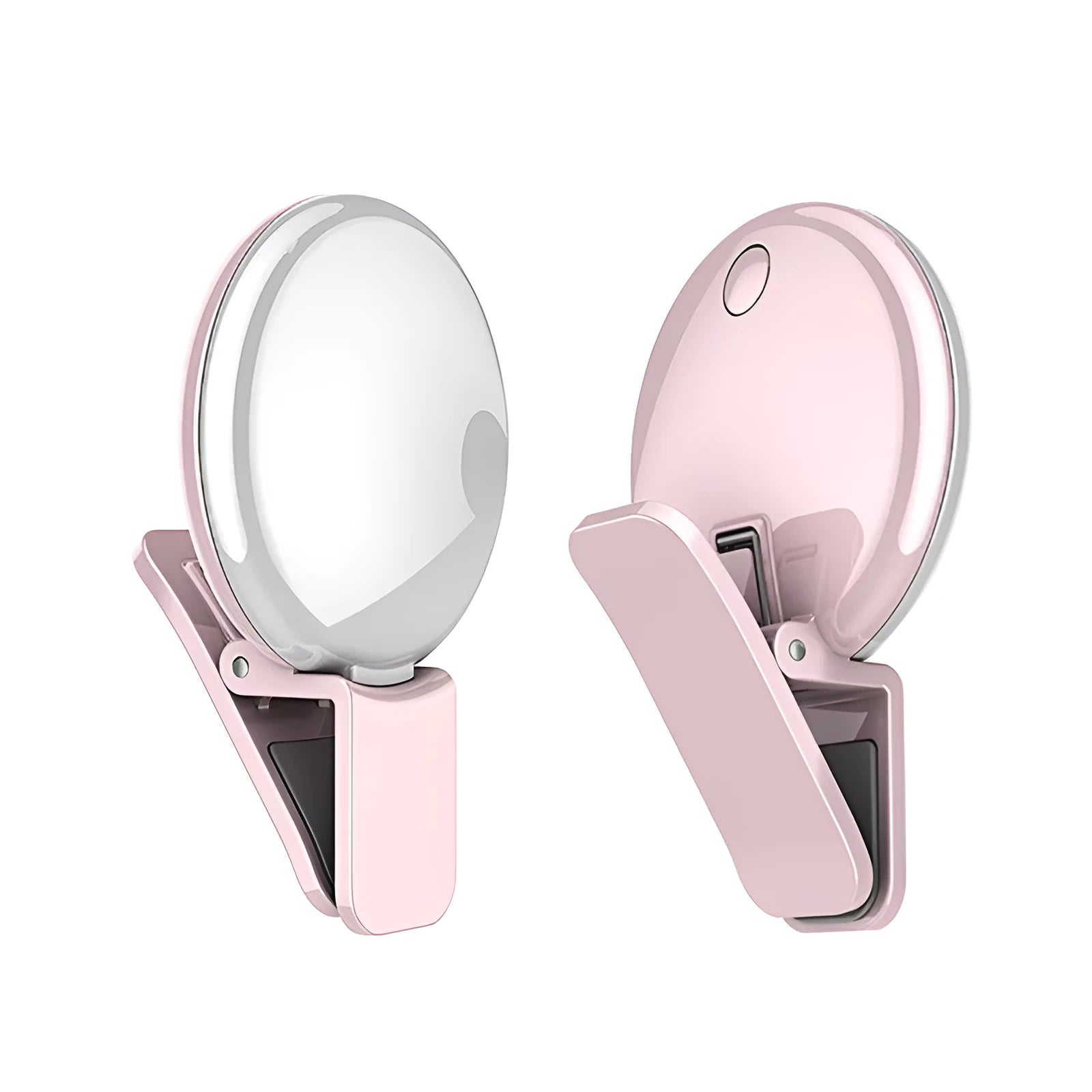 Round USB rechargeable LED fill light attached to a mobile phone for selfies.