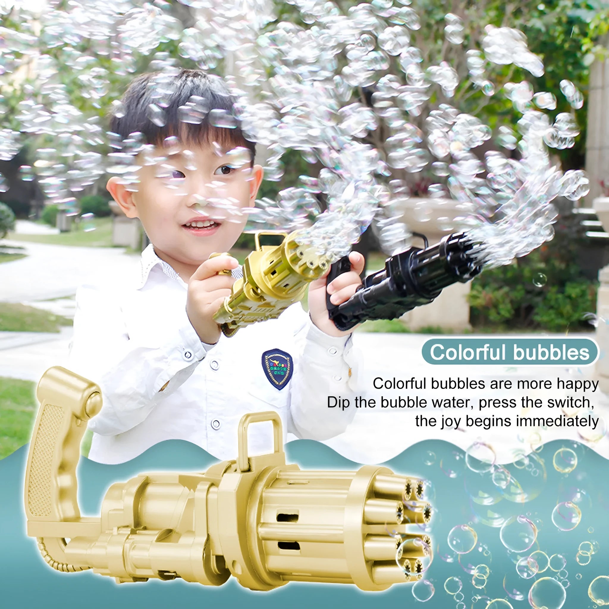Kids pink bubble machine gun toy with leaf blower design on green grass