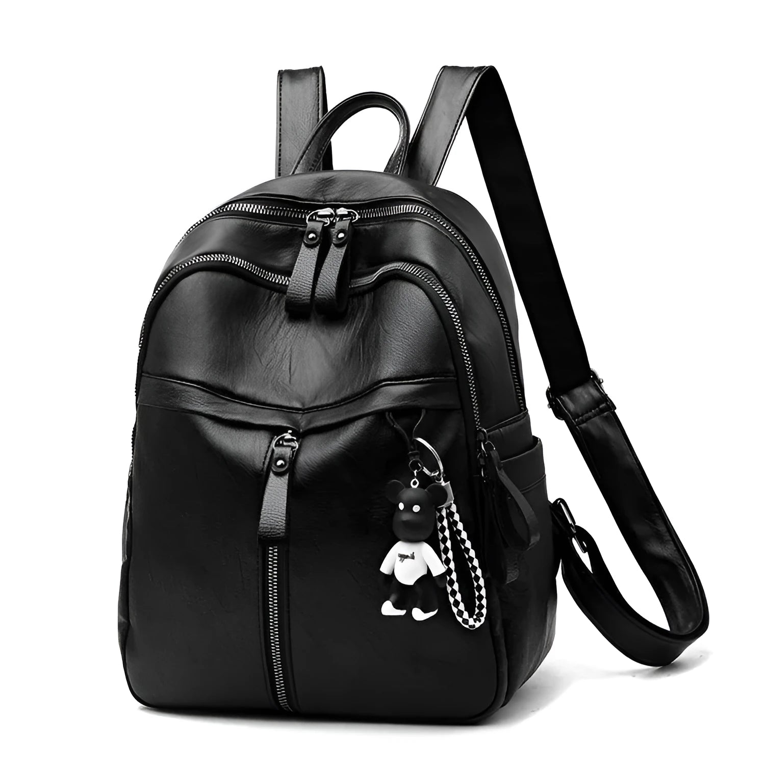 Black soft-surface pu leather backpack with double straps and luggage strap, showing main compartment.