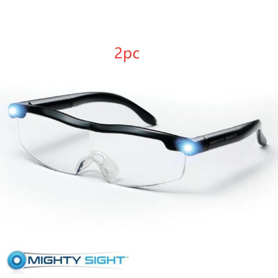 Transparent black USB LED light reading glasses showing the integrated light on the frame.