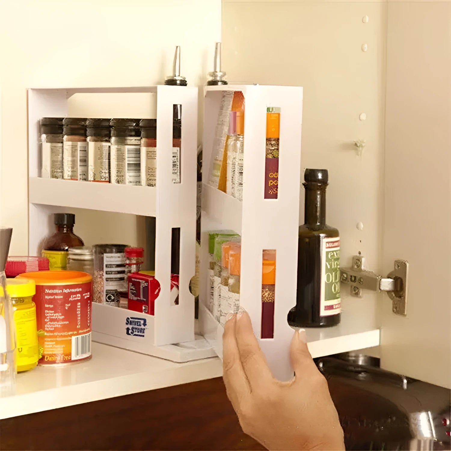 White double rotating 2-tier plastic spice rack on countertop with jars