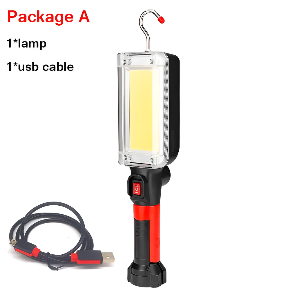 Red portable COB rechargeable work lamp with magnetic hook on a metal surface.