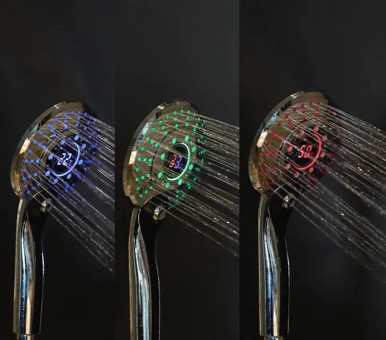 Adjustable 3 mode LED shower head with temperature sensor in electroplated gold finish, handheld design