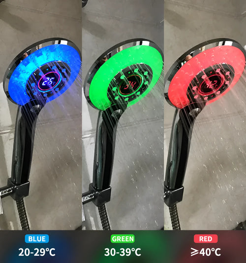 Adjustable 3 mode LED shower head with temperature sensor in electroplated gold finish, handheld design