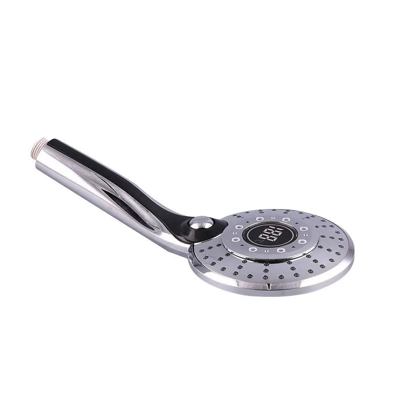 Adjustable 3 mode LED shower head with temperature sensor in electroplated gold finish, handheld design