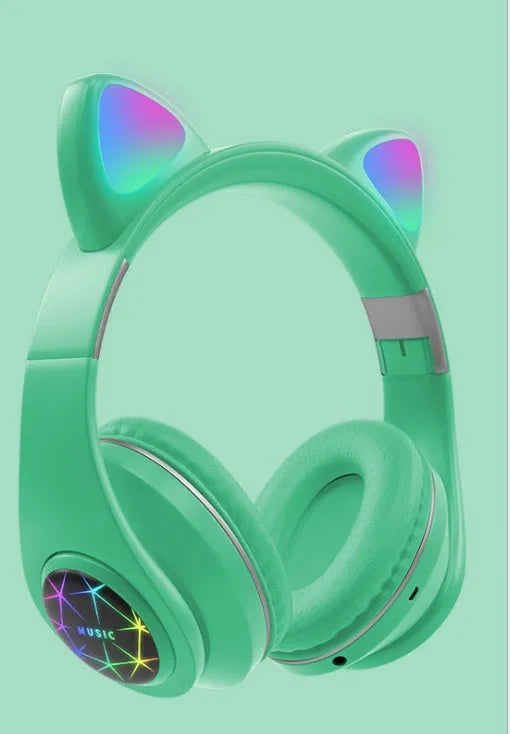 Colourful cat ear shaped wireless Bluetooth headphones shown in multiple colour options.
