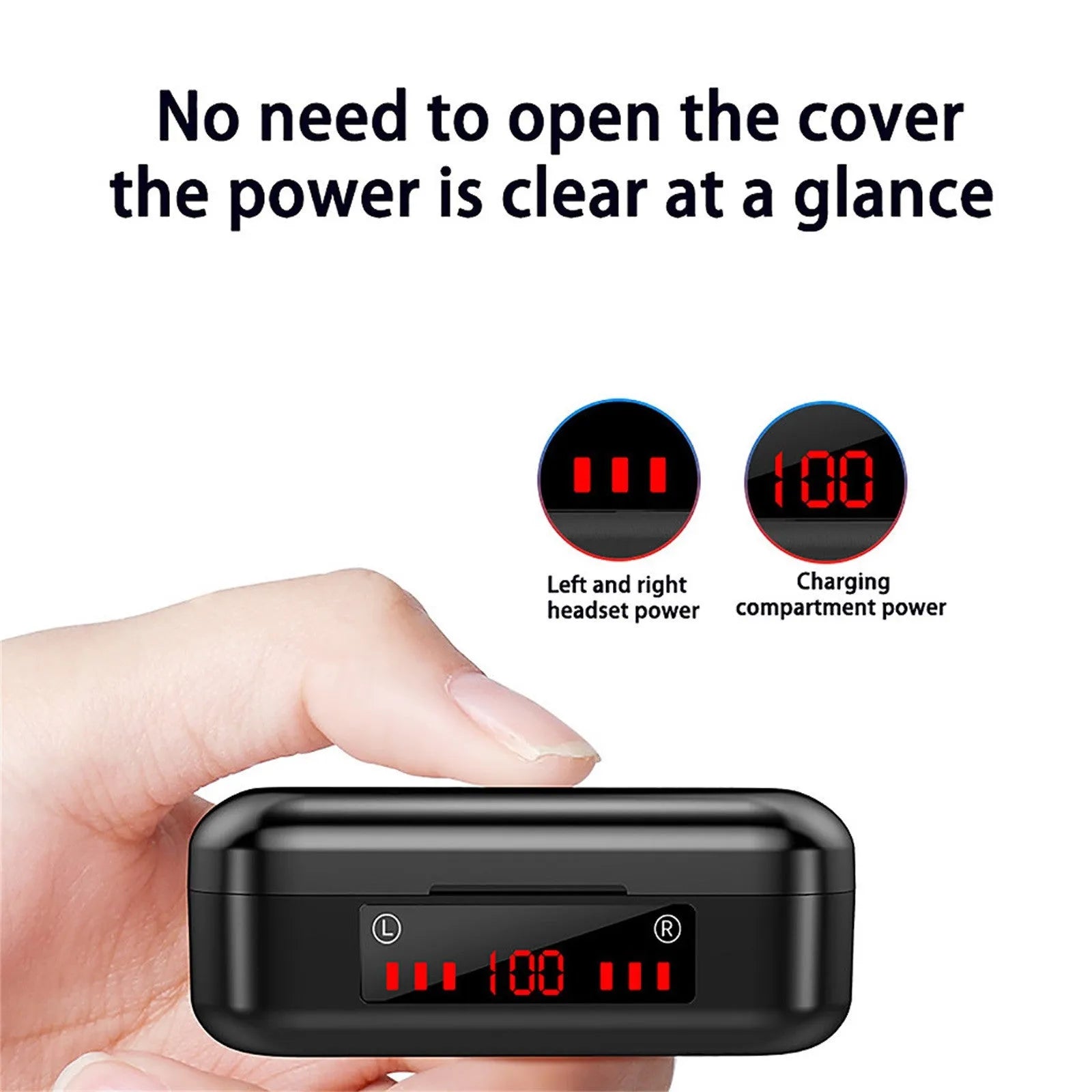 V7 LED button version wireless Bluetooth touch earbuds with charging case and silicone ear tips.
