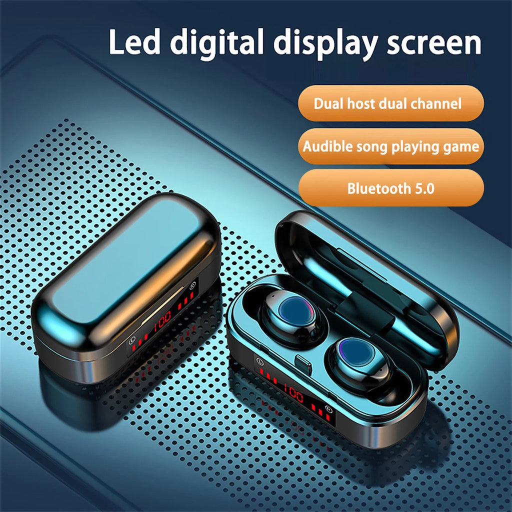 V7 LED button version wireless Bluetooth touch earbuds with charging case and silicone ear tips.