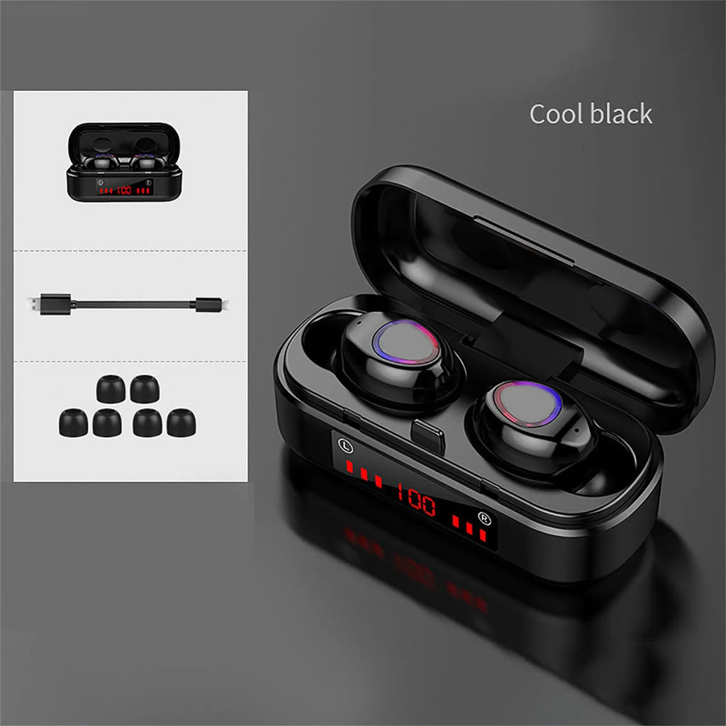 V7 LED button version wireless Bluetooth touch earbuds with charging case and silicone ear tips.