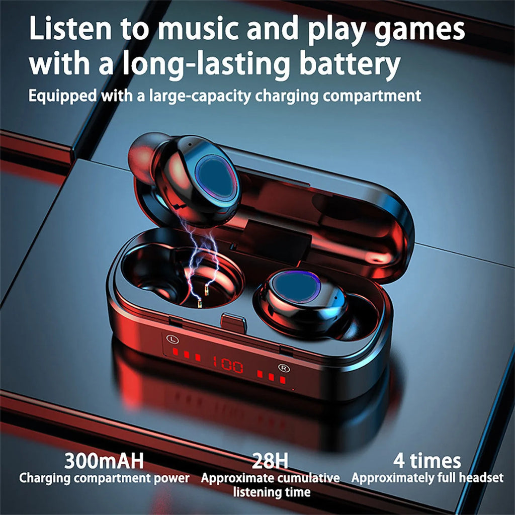V7 LED button version wireless Bluetooth touch earbuds with charging case and silicone ear tips.