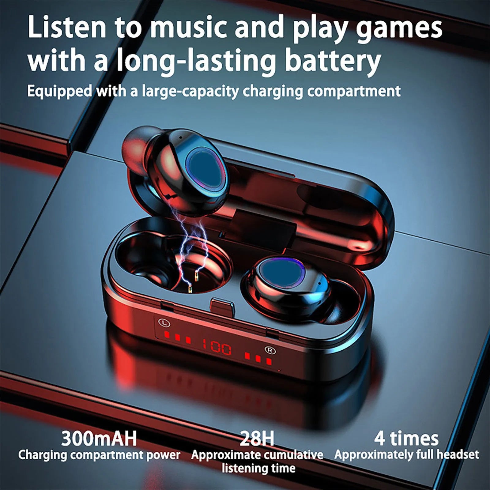 V7 LED button version wireless Bluetooth touch earbuds with charging case and silicone ear tips.