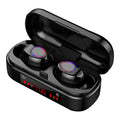V7 LED button version wireless Bluetooth touch earbuds with charging case and silicone ear tips.