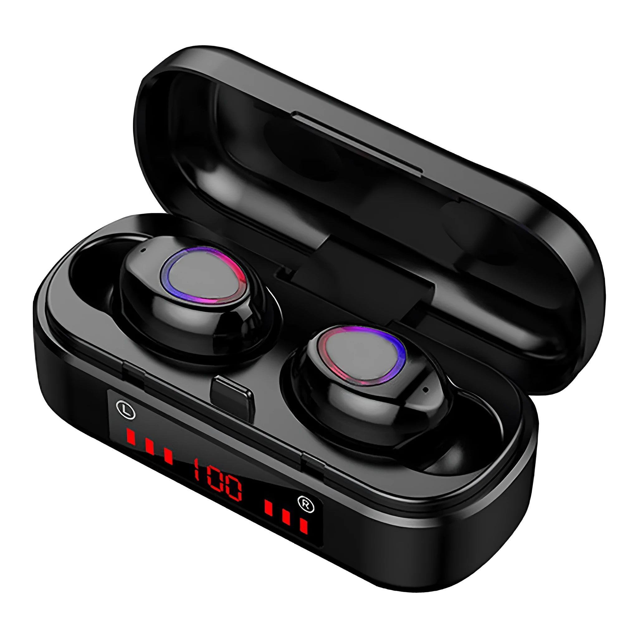 V7 LED button version wireless Bluetooth touch earbuds with charging case and silicone ear tips.