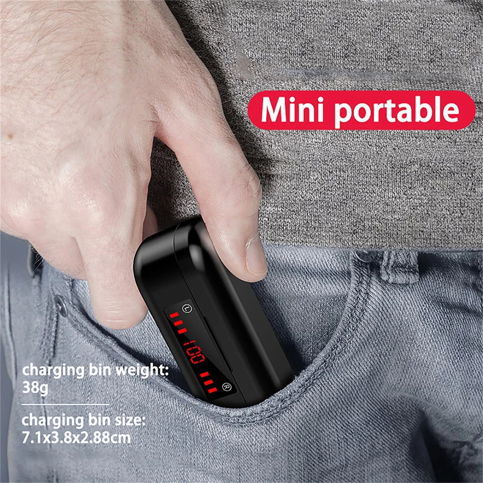 V7 LED button version wireless Bluetooth touch earbuds with charging case and silicone ear tips.