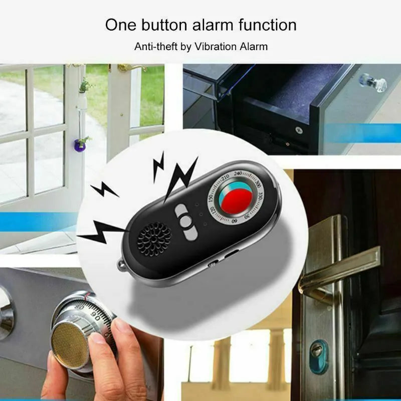 Compact black wireless signal detector with vibration alarm for security, shown next to a ruler for scale.