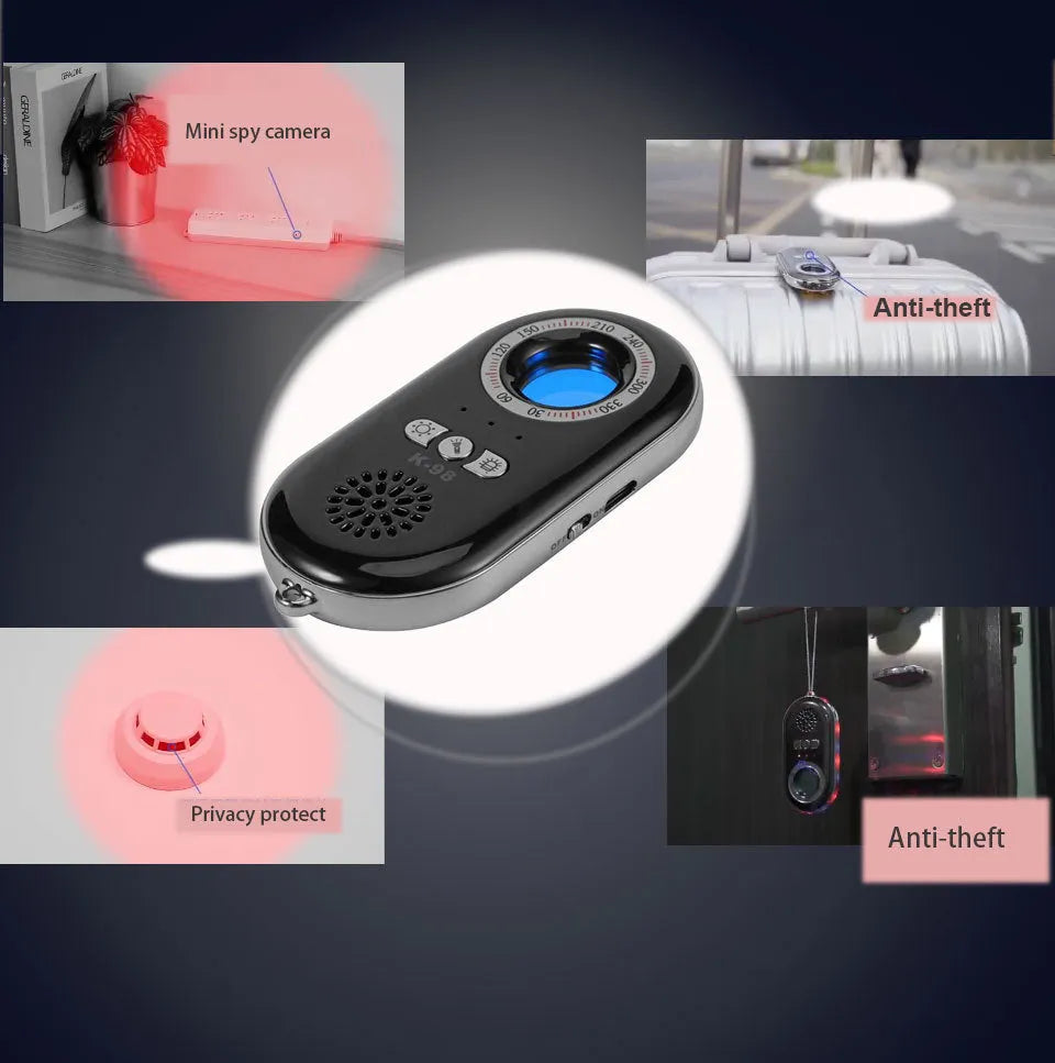 Compact black wireless signal detector with vibration alarm for security, shown next to a ruler for scale.