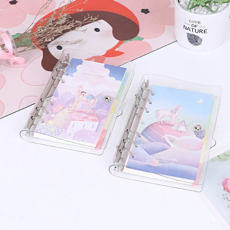 Metal binder shell loose leaf notebook with PVC cover in Alice Castle colour, showing Daolin paper and pull side bag.