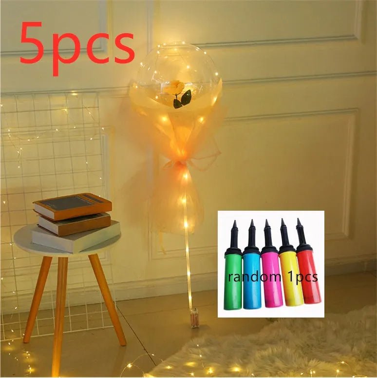 DIY LED luminous balloon rose bouquet set with transparent Bobo balls and LED lights on artificial flowers