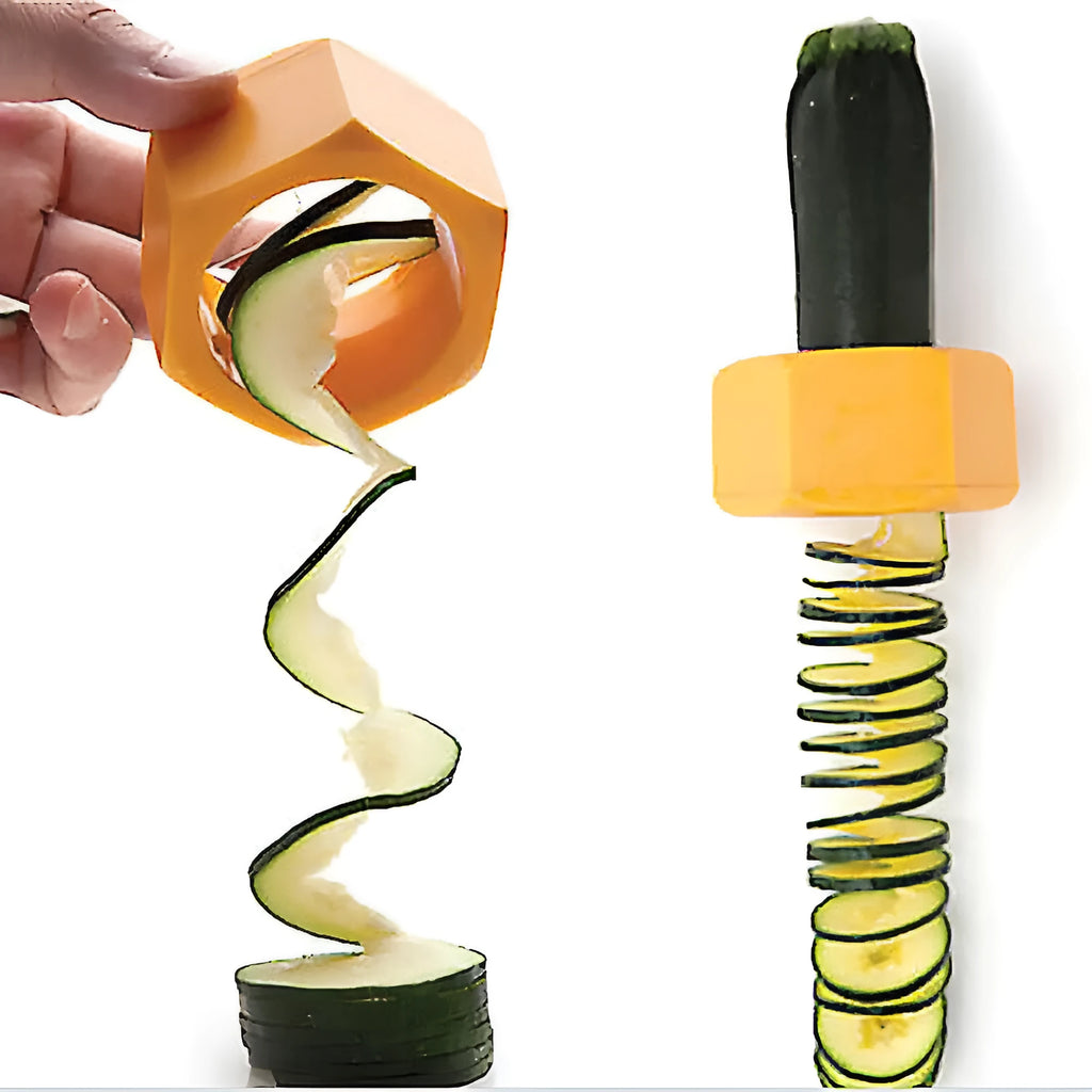 Yellow and green ABS plastic spiral vegetable cutter for slicing cucumbers.