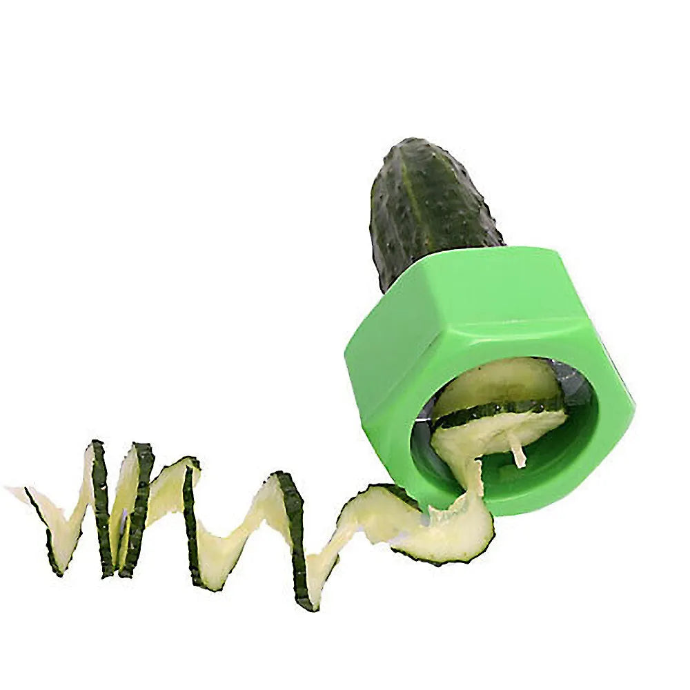Yellow and green ABS plastic spiral vegetable cutter for slicing cucumbers.