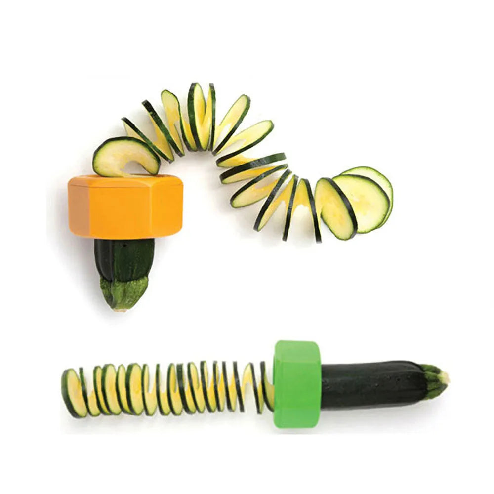 Yellow and green ABS plastic spiral vegetable cutter for slicing cucumbers.