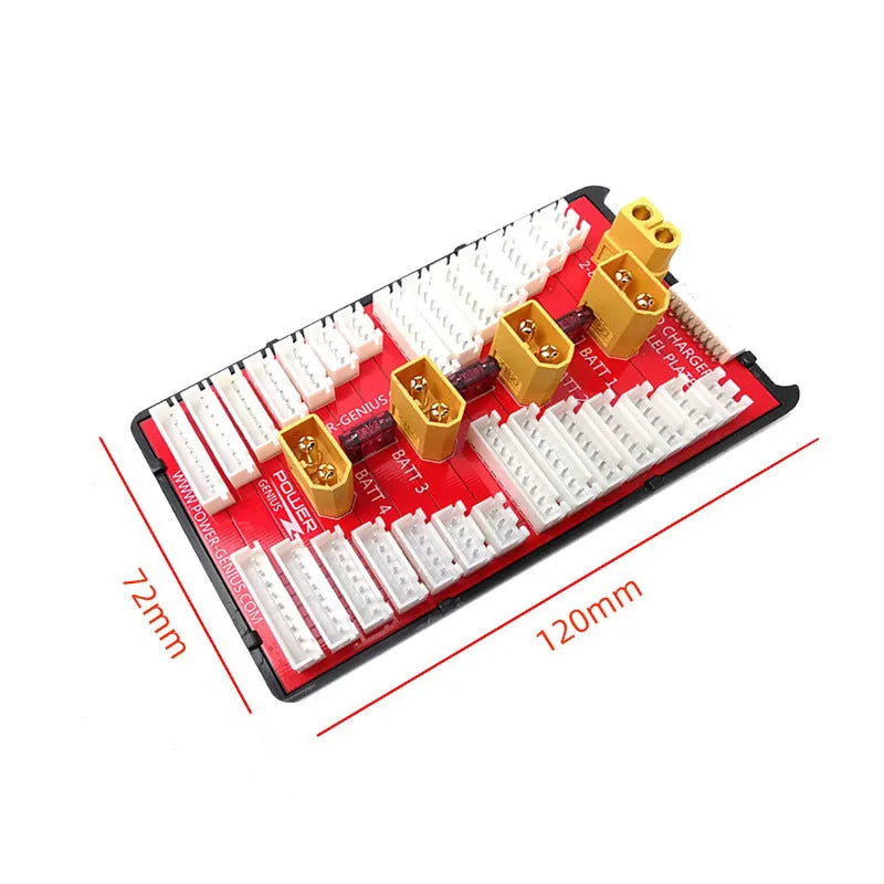 Parallel charging board with four ports for LiPo batteries, showing gold connectors and silicone wires.