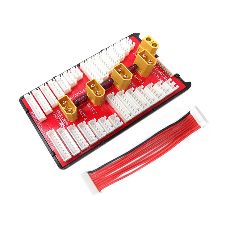 Parallel charging board with four ports for LiPo batteries, showing gold connectors and silicone wires.