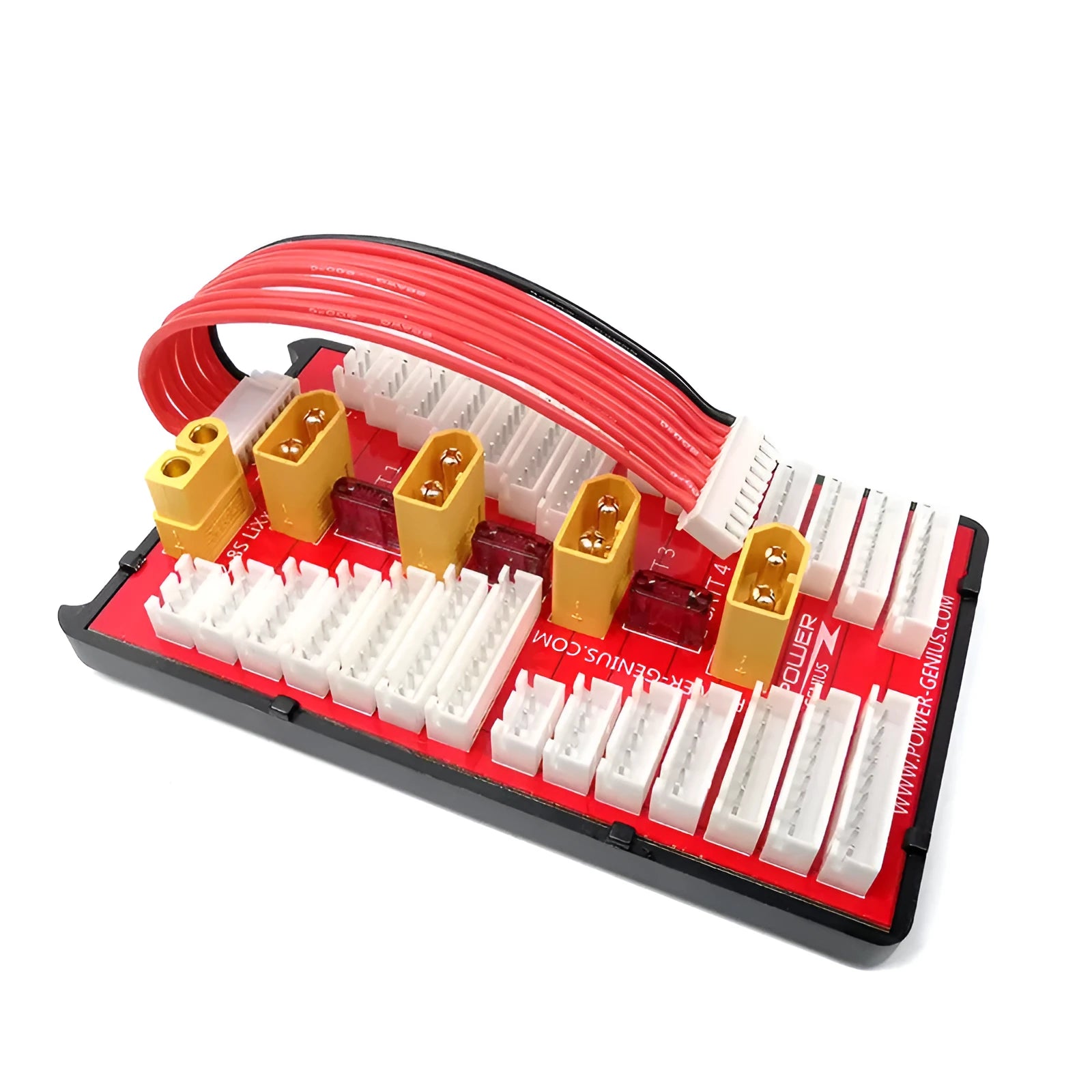 Parallel charging board with four ports for LiPo batteries, showing gold connectors and silicone wires.