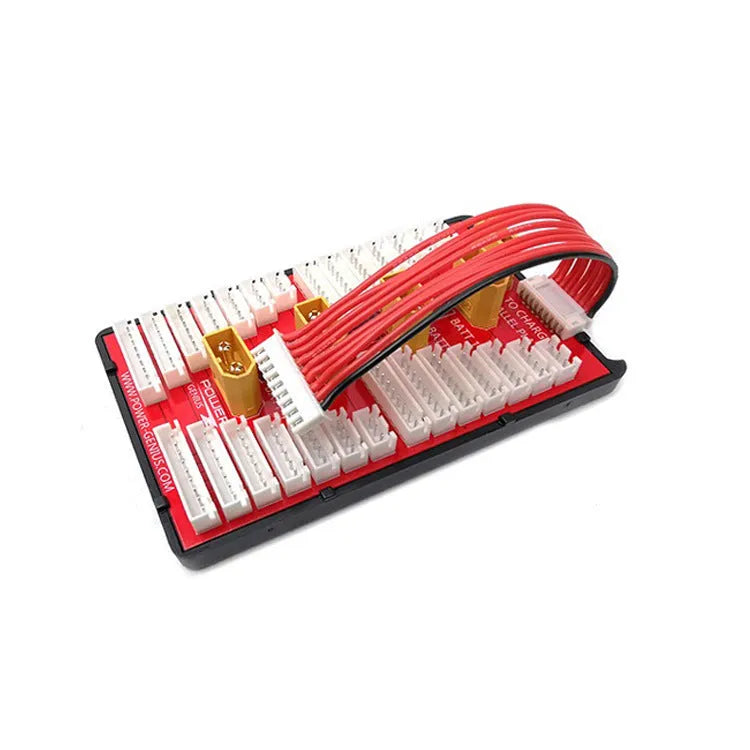 Parallel charging board with four ports for LiPo batteries, showing gold connectors and silicone wires.