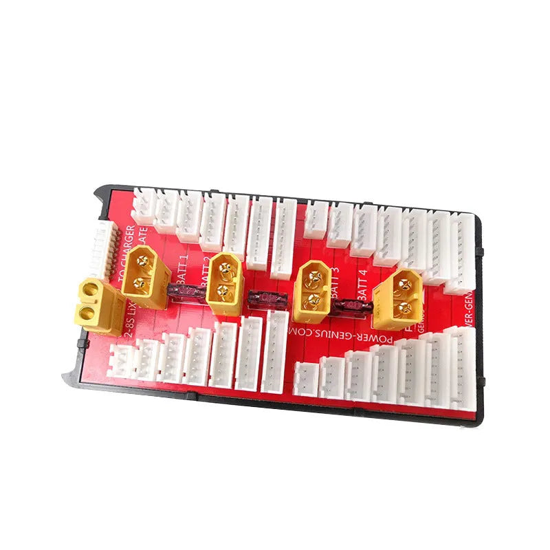 Parallel charging board with four ports for LiPo batteries, showing gold connectors and silicone wires.