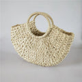 Rattan woven half-round women's handbag in khaki with 15 cm handle and 39 cm mouth width.