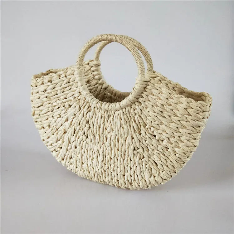 Rattan woven half-round women's handbag in khaki with 15 cm handle and 39 cm mouth width.