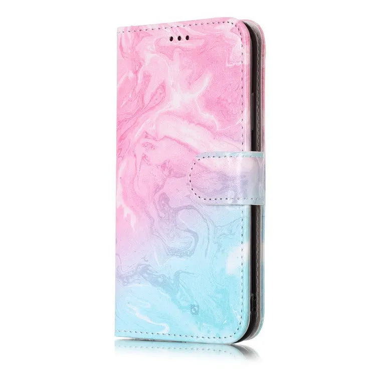 Wallet flip phone case with cartoon animal pattern showing card slots and flip cover design