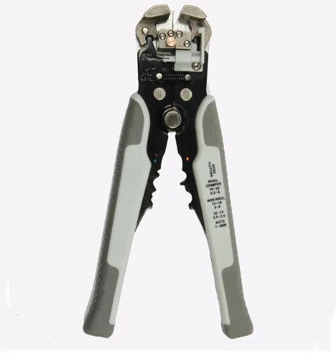 Yellow automatic 3-in-1 wire stripper and crimping pliers tool with adjustment screw.