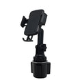 Black universal car phone holder showing 360-degree rotation and adjustable height on a dashboard.