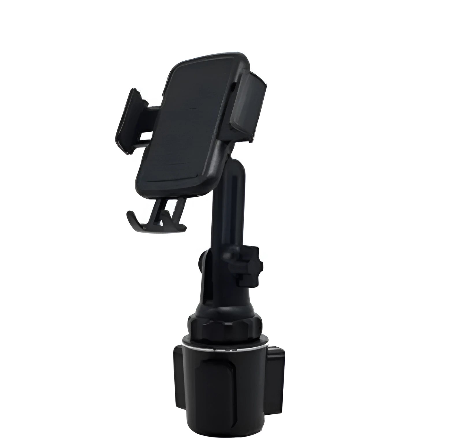 Black universal car phone holder showing 360-degree rotation and adjustable height on a dashboard.