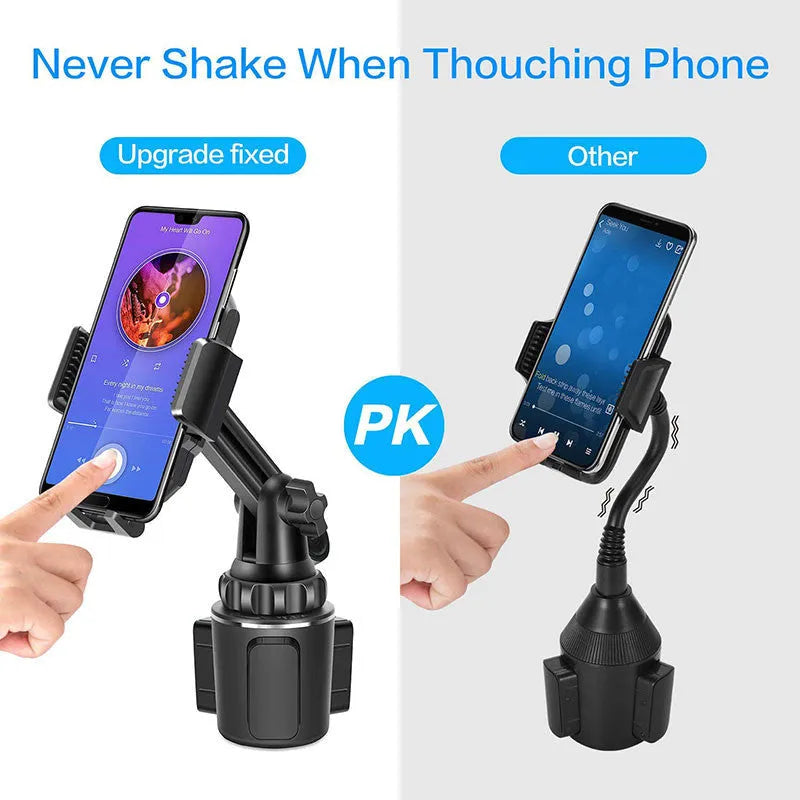 Black universal car phone holder showing 360-degree rotation and adjustable height on a dashboard.
