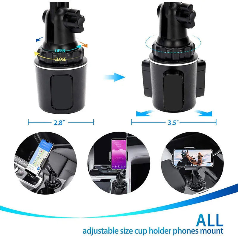 Black universal car phone holder showing 360-degree rotation and adjustable height on a dashboard.