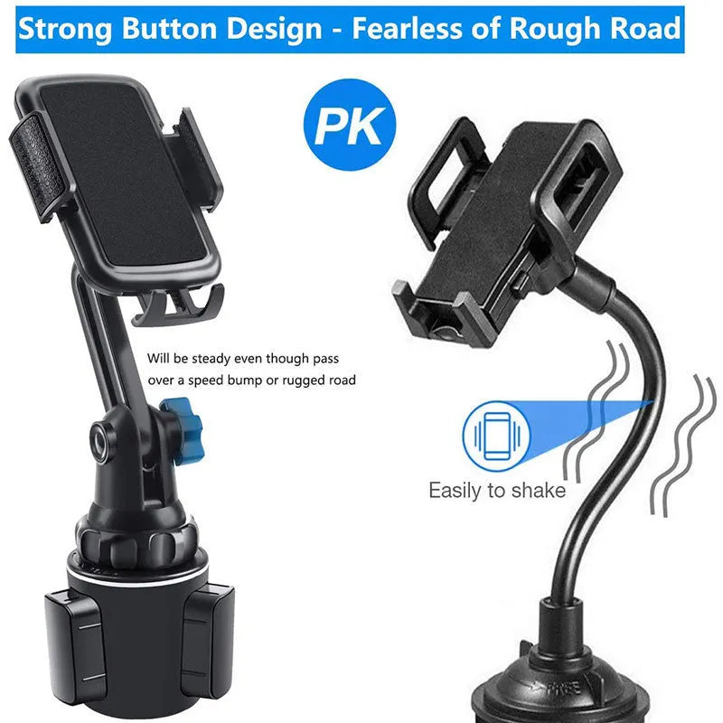 Black universal car phone holder showing 360-degree rotation and adjustable height on a dashboard.