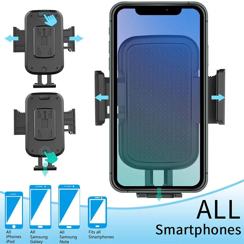 Black universal car phone holder showing 360-degree rotation and adjustable height on a dashboard.