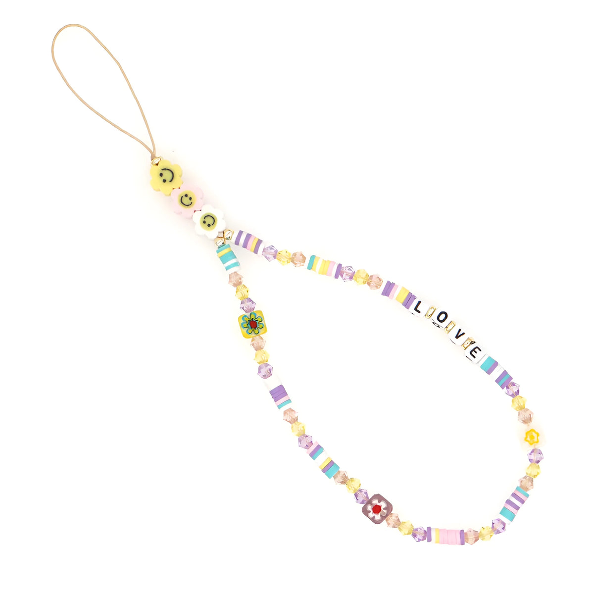 Handmade bohemian smiley face phone chain with soft clay, crystal and glass beads, 28.5cm outer circumference plus 5cm lanyard.