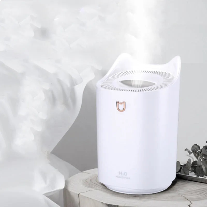 Coral Pink and Glacier White USB double spray humidifier with three mist outlets on a table.