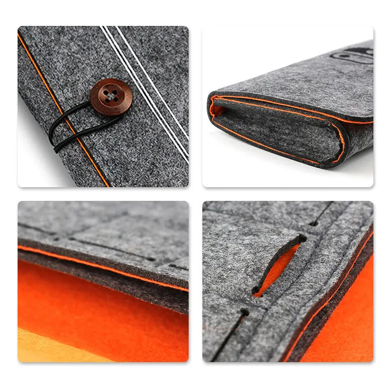 Black felt pouch for Nintendo Switch open to show console compartment and 5 game card slots.