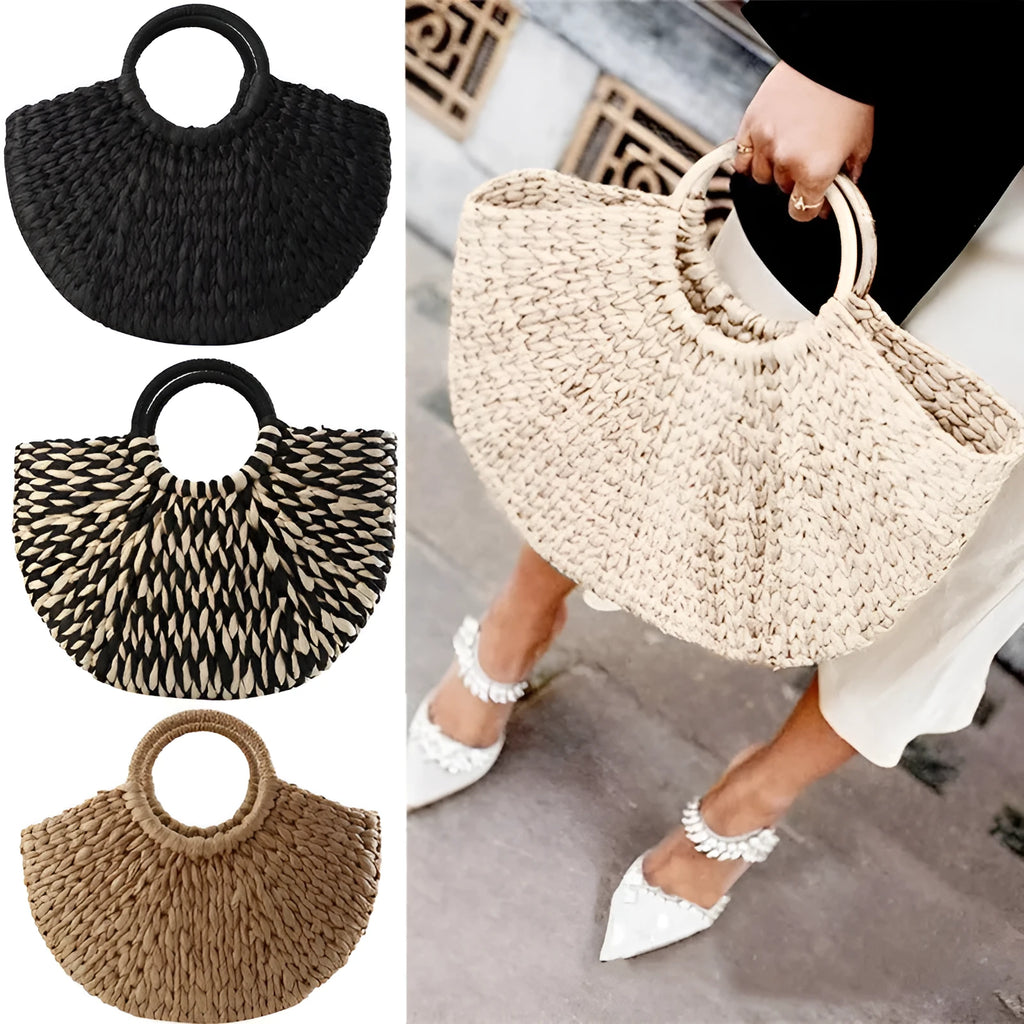 Rattan woven half-round women's handbag in khaki with 15 cm handle and 39 cm mouth width.