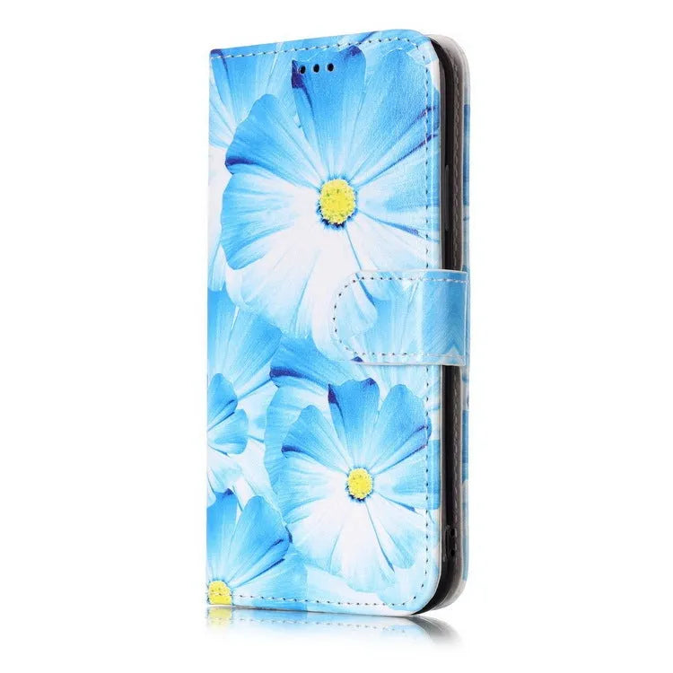 Wallet flip phone case with cartoon animal pattern showing card slots and flip cover design