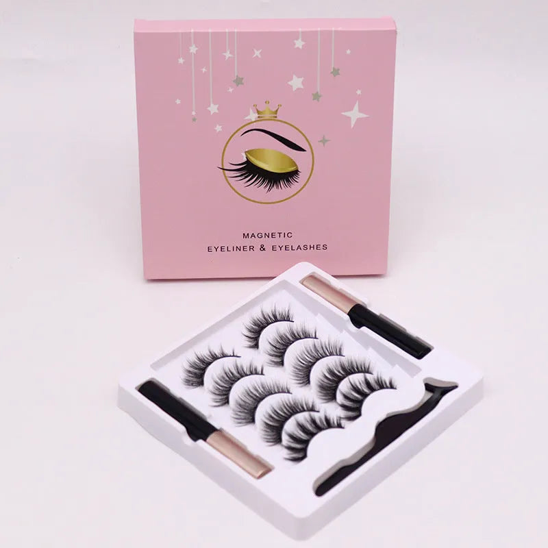 Magnetic eyeliner and five pairs of reusable false mink eyelashes set on white background.